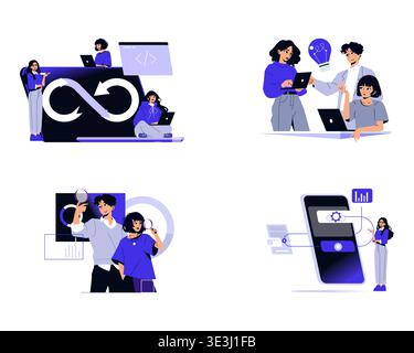 Vector illustration of team collaboration in software development. Diverse individuals working on coding, brainstorming ideas, analyzing data, and using smartphones for tech solutions. Stock Vector