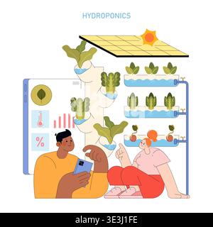 Hydroponics vector illustration showing two people engaging in a lively discussion. They are surrounded by hydroponic systems and charts, indicating growth and sustainability focus. Stock Vector