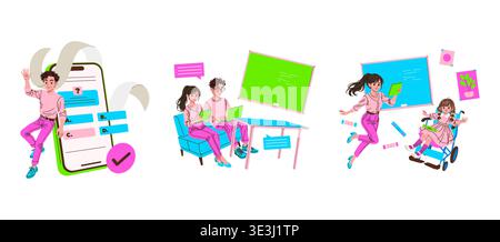 Vector illustration showcasing interactive education scenes. Includes a character engaging with a smartphone quiz, students using tablets for learning, and inclusive education with an assistive device. Stock Vector