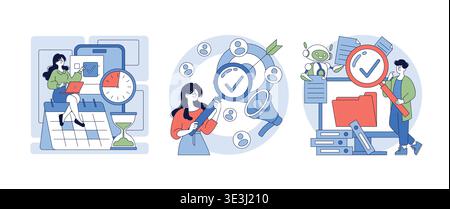 Vector illustration depicting people managing time and analyzing data. Includes individuals interacting with clocks, magnifying glasses, and files, highlighting productivity and organization. Stock Vector