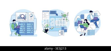 People and AI robots collaborate on data analysis using laptops and cloud technology. Charts, binary codes, and server illustrations highlight advanced digital tools and teamwork. Stock Vector