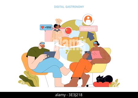 Vector illustration depicting two individuals using VR headsets for a virtual dining experience. They interact with digital content, such as a virtual chef, food, and social media icons. Stock Vector