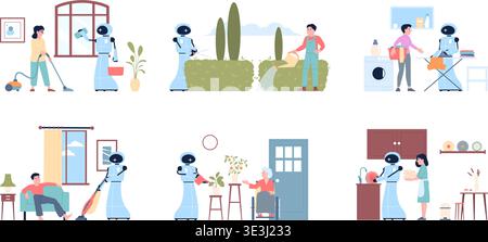 Cleaning with robot. People interact with android, clean house and cares plants. Modern digital technologies, housekeepers and helpers, recent vector Stock Vector