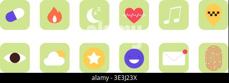 Interface icon set. Icons of various applications and programs for smartphones, tablets, smart TVs, and computers. Security, health, taxi, music Stock Vector