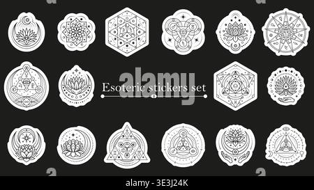 Esoteric stickers set. Different magical line elements with constellation, stars, lotus flowers, moon. Tarot, astrology, meditation symbols, vector Stock Vector