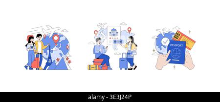 Vector illustration showcasing a young couple preparing for a trip with luggage, booking accommodation, and holding a passport. Emphasizes travel arrangements and global exploration. Stock Vector
