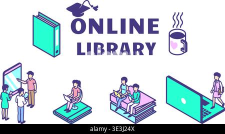 People using modern digital gadgets for reading. Young adults with tablet, smartphone and laptop. Different readers for users, isometric vector scenes Stock Vector