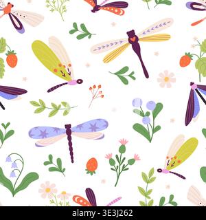 Garden dragonfly seamless pattern. Green plants, berries, flowers chamomile and daisy. Flying beautiful insects. Seasonal blooming scandinavian style Stock Vector