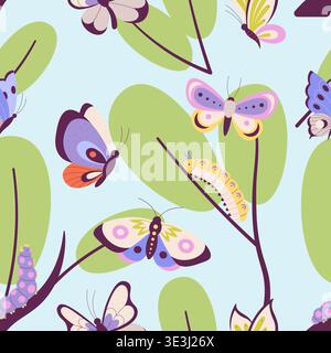 Butterfly and caterpillars. Seamless pattern with green branches and flying butterflies, nature template. Decorative bright print for fabric, textile Stock Vector