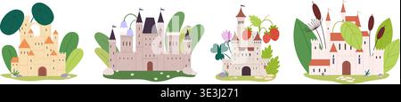 Magic fairy tale castles. Fantasy castle in blooming plants, green branches, flowers and berries. Beautiful cartoon kingdom, children vector concept Stock Vector