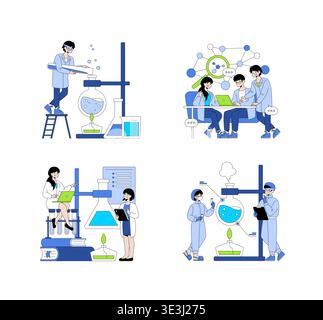 Vector illustration shows a scientific research team conducting experiments in a lab. Researchers collaborate using technology and equipment, highlighting teamwork and innovation. Stock Vector