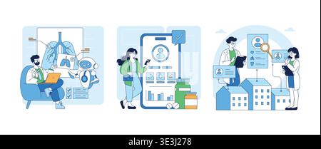 Vector illustration showcasing medical professionals using AI and technology in healthcare settings. Focus on digital tools, patient data analysis, and medical innovation integration. Stock Vector