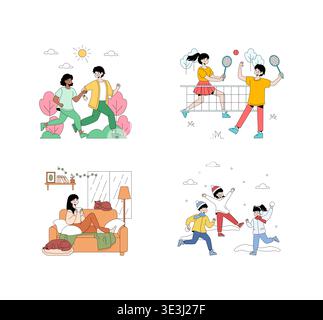 Colorful vector illustration featuring people engaged in different activities. Running, playing badminton, relaxing, and having a snowball fight showcase diverse lifestyles and emotions. Stock Vector