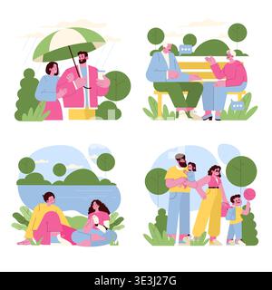 Vector illustration capturing family activities and elderly conversations in a park. Scenes include couples under an umbrella, elderly chatting on a bench, family picnicking, and parents with children. Stock Vector