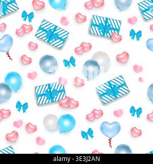 Vector illustrations of abstract Gift box and mini heart Balloon Pink and Blue seamless pattern. Good for backgrounds, textiles, fabrics, wrapping pap Stock Vector