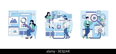 Vector illustration depicting people actively engaged in the UX design process, reviewing interface elements, collaborating on digital projects, and analyzing data with focus and creativity. Stock Vector