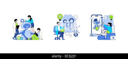 Vector illustration depicting people interacting with robots for AI development. Scenes include discussing gears, working on laptops, and exchanging ideas, highlighting human-robot teamwork. Stock Vector