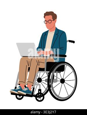 Business man using wheelchair working on laptop Stock Vector