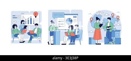Business team engaged in data analysis and strategy planning vector illustration. Includes professionals discussing graphs, making presentations, and working on global logistics. Stock Vector