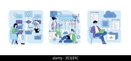 Vector illustration showing a team working with AI-driven tools. They engage in coding, planning, and data analysis, emphasizing technology integration and collaborative workflow. Stock Vector