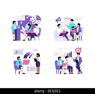 Vector illustration set showcasing diverse business teams in collaborative settings. Features include global strategy discussions, performance analysis, and goal setting in modern business environments. Stock Vector