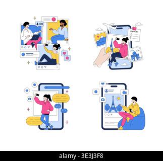 Vector illustration featuring people interacting with social media platforms on smartphones. Displays actions like posting selfies, checking notifications, and travel planning. Stock Vector