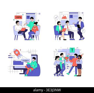 Vector illustration depicting a team collaborating on a project. Scenes include discussions, project planning, launching a project, and celebrating success with positive expressions. Stock Vector