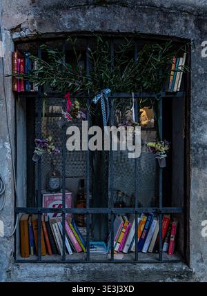 Window with decorative books, plants, and flowers arranged behind metal bars on aged building facade in historic European town setting. Stock Photo