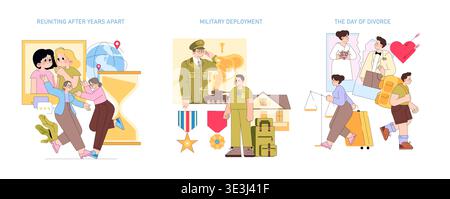 Vector illustration depicting a heartfelt family reunion after years apart, military deployment with awards, and a significant life change on the day of divorce. Emotions of love, duty, and transition. Stock Vector
