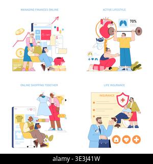 Set of vector illustrations showing diverse activities. Couples manage finances and shop online, while others engage in physical exercise and insurance planning, promoting a balanced lifestyle. Stock Vector