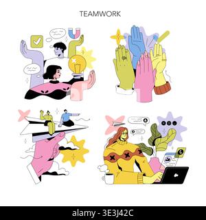 Vector illustration showcases various teamwork activities. Depicts creative collaboration, problem-solving, and communication among stylized figures, emphasizing the importance of working together. Stock Vector