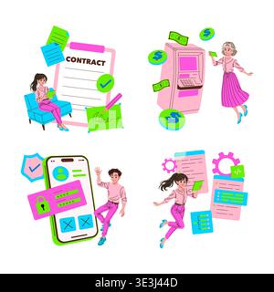 Set of vector illustrations depicting various digital and financial activities. Scenes include signing contracts, withdrawing money, securing data, and software development. Stock Vector