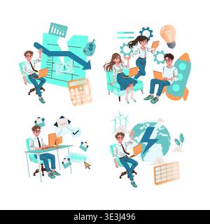 Vector illustration featuring a business team using technology. Depicts teamwork, data analysis, communication, financial management, innovation, and sustainable energy concepts. Stock Vector