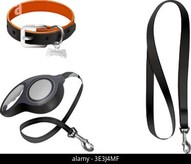 Realistic belt collars. Leather pet collar with metal buckle, dog cat safety control puppy training necklace nylon strap domestic animal isolated leashes, exact vector illustration original artwork Stock Vector