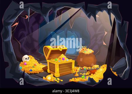 Cave pirate treasure. Gold treasures chest hidden mountain rock trove entrance cartoon background, coin gemstone pile game dungeon scene old treasury ingenious vector illustration original artwork Stock Vector