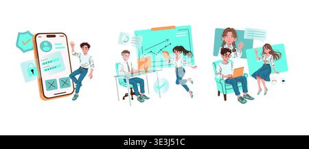 Vector illustration depicting digital collaboration and online security. A group of animated characters engage in multi-device interaction, emphasizing teamwork, technology, and secure login processes. Stock Vector