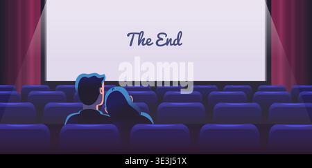 Couple cinema hall. Movie theater romantic date, man and woman watching love film sitting on chair seats rear back view empty theatre room end screen, classy vector illustration original artwork Stock Vector