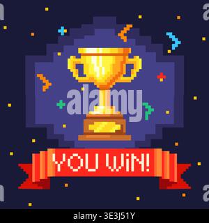 Pixel trophy banner. Winner golden cup, you win ribbon video game screen confetti vintage arcade machine old computer 8 bit monitor level victory prize, neat vector illustration original artwork Stock Vector