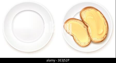Realistic toast on plate. Butter bread french toast in dish top view, delicious breakfast bread margarine buttered sandwich cooking food 3d isolated garish vector illustration original artwork Stock Vector