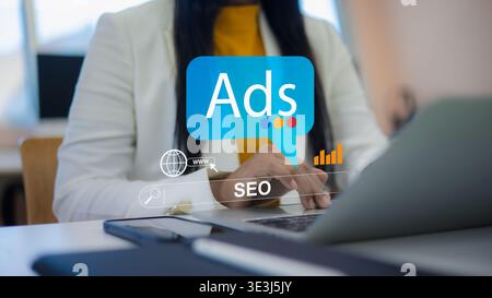 Ads and seo search engine optimization for business website.online advertising and digital marketing strategy.marketing analysis and web optimization Stock Photo