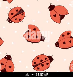Cartoon kawaii ladybug baby seamless pattern. Background of Ladybirds with a cute hearts on wings. Vector illustration. Stock Vector