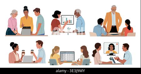 Set diverse professionals working in modern office Stock Vector