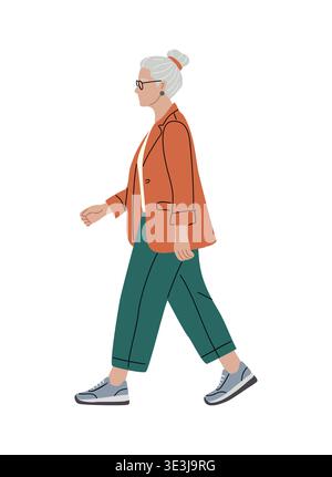 A senior woman walking in profile view Stock Vector