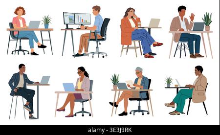 Set of diverse people working at desks with laptop Stock Vector