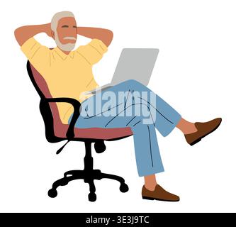 Senior man sitting in office chair with laptop Stock Vector