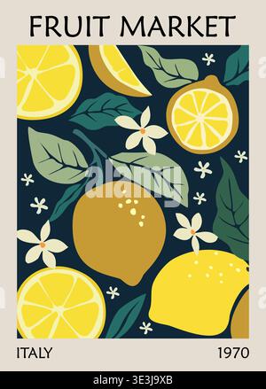 Abstract Fruit Market Italy retro poster of lemons Stock Vector