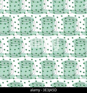 Continuous line drawn mug with quatrefoil Clover leaves on leprechaun hat Backdrop Seamless Pattern. Vector illustration St Patricks Day Greeting Thematic Card background Media post, banner, wrapping Stock Vector