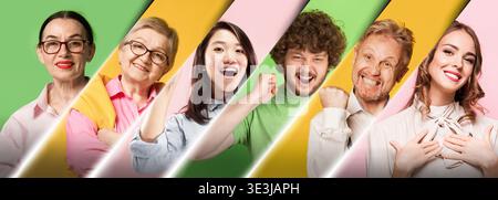 Multi generation diverse people portraits in colorful diagonal composition. Stock Photo