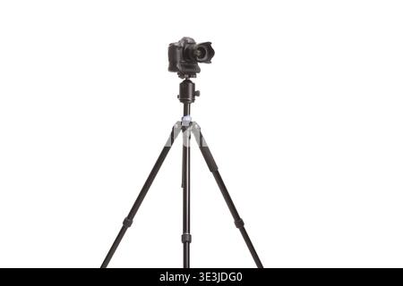 Pprofessional camera on a tripod isolated on white background Stock Photo