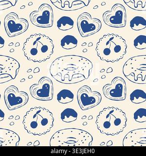 Blue sketch style pattern of donuts, cherries, and hearts on cream background. Sweet treats and love symbols repeated in playful, hand-drawn style. Pe Stock Vector
